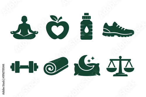 Set of wellness and healthy lifestyle icons featuring meditation, nutrition, hydration, fitness, yoga mat, sleep, and balance scale silhouettes