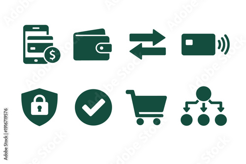 Set of green financial and ecommerce icons showing mobile payment, wallet, transfer arrows, contactless card, security shield, verified check, cart, and network