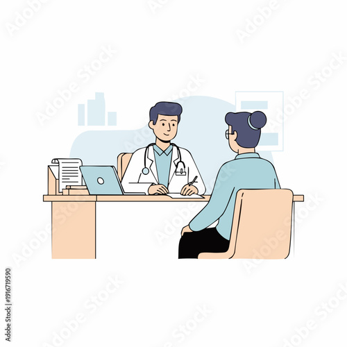 Clean Flat Illustration of Doctor Consulting Patient at Desk in Office