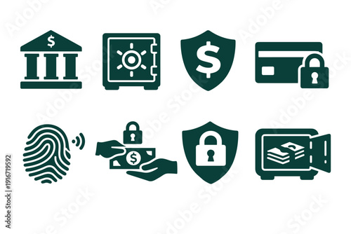 Set of financial security icons showing bank, vault, shield, credit card, fingerprint, locked transaction, and safe deposit symbols for protection