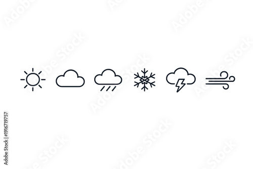 Minimal weather forecast icon set showing sun, cloudy skies, rain, snowflake, thunderstorm lightning, and wind symbols on dark blurred background