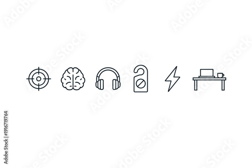 Minimal line icon set featuring target, brain, headphones, door hanger, lightning bolt, and desk workspace symbols on a white background