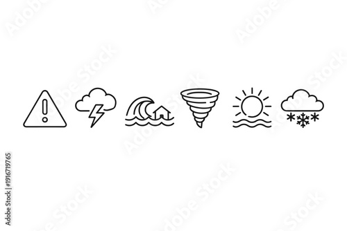 Minimal line icon set showing weather and hazard symbols including warning sign, thunderstorm, ocean waves, tornado funnel, sunny heat, and snow