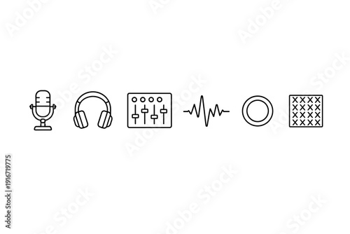 Minimal black line icons of microphone, headphones, audio mixer sliders, sound waveform, circular knob, and grid pattern for music and recording design