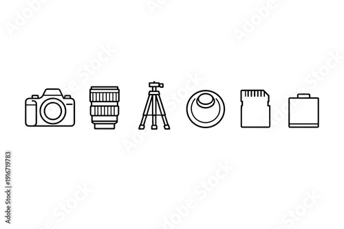 Minimal line icons of photography equipment including camera body, lens, tripod, filter, memory card, and battery on a white background