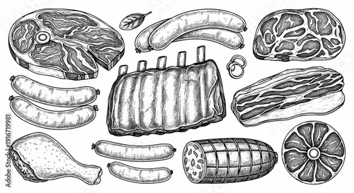 Tableau sur toile Sketch Meat and Sausage Collection - Hand Drawn Butcher Shop Illustrations