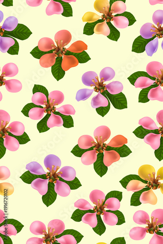 Seamless colorful botanical floral pattern on cream