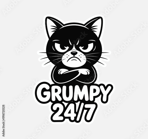 Black and white illustration of a grumpy cat with arms crossed and text grumpy 24/7 isolated on white background, Vector, illustration