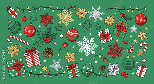 A vibrant Christmas scene featuring ornaments, decorations, and festive elements on a green background, viewed from directly above.