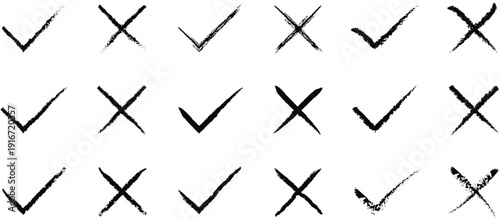 Hand Drawn Check Mark Icon Set Vector – Sketch Tick and Cross Symbols, Doodle Brush Checklist 
V and X Signs Collection Isolated on White Background