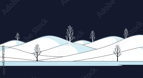 Winter landscape illustration with snow-covered hills, bare trees, and a serene frozen lake under a dark blue sky