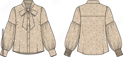 Beige women’s blouse fashion illustration with bow tie collar, puffed sleeves, button front, patterned fabric, garment design drawing, apparel sketch artwork