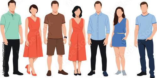 Diverse group of young men and women standing together wearing colorful summer casual outfits, faceless character flat vector illustration