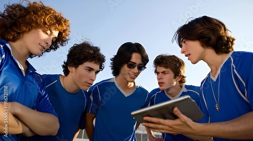 Young soccer players in blue uniforms gather around a tablet, discussing strategy with their coach or teammate