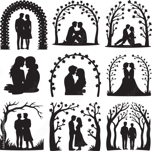 Black silhouettes of romantic couples in love with trees  tender moments