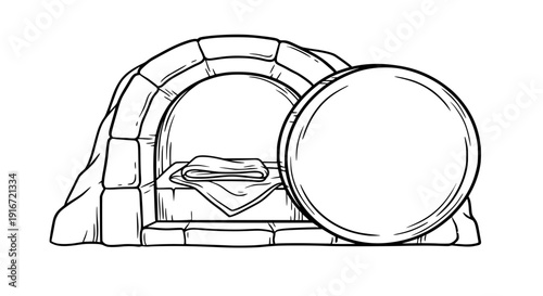 Empty Tomb of Jesus with Rolled Stone Illustration, Christian Easter Resurrection Concept, Holy Week and He Is Risen Religious Line Art