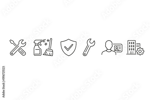 Minimal line icons for maintenance services featuring tools, cleaning, security shield, support technician, building management, and settings on gray background