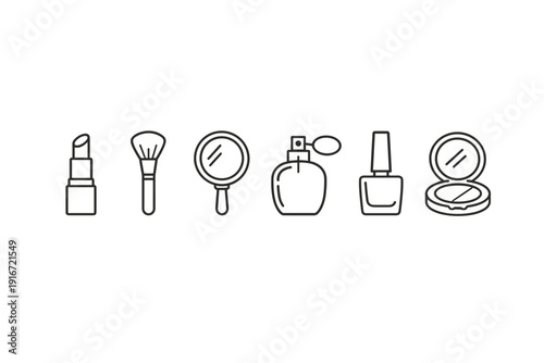 Minimal line-art set of beauty and cosmetic icons including lipstick, makeup brush, hand mirror, perfume bottle, nail polish, and compact powder