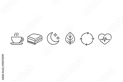 Minimal line icon set featuring coffee cup, folded towel, crescent moon, leaf, circular refresh arrows, and heart with heartbeat symbol