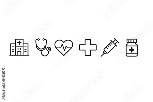 Minimal line medical healthcare icons set featuring hospital building, stethoscope, heart pulse, cross symbol, syringe injection and medicine bottle