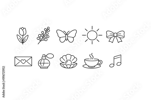 Minimal black and white line icon set featuring flowers, butterfly, sun, bow, love letter, perfume bottle, lotus, coffee cup, and musical note