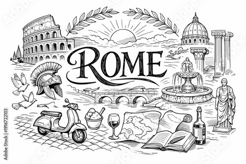 Hand-drawn travel illustration featuring Rome landmarks with Colosseum, fountain, ancient columns, scooter, wine, book, statue, and sunrise