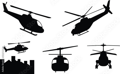 Helicopter silhouette set with various aircraft models over city skyline profile