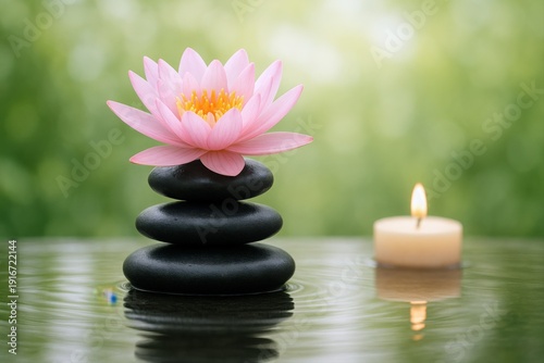 Zen Composition with Pink Lotus, Black Stones and Candle Reflection in Water for Spa and Meditation