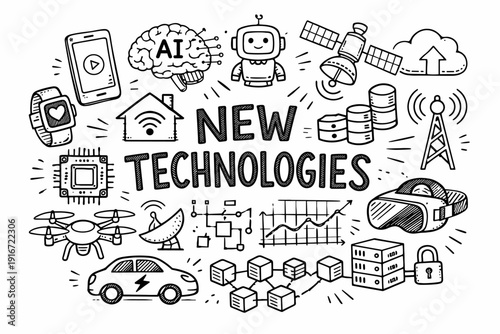 Hand-drawn new technologies concept illustration featuring AI, robotics, cloud computing, blockchain, IoT network, cybersecurity, and smart devices