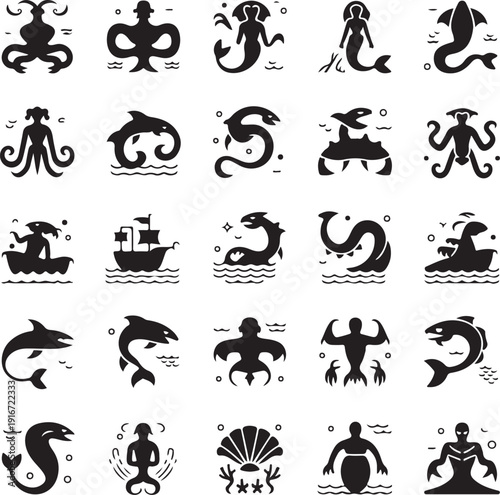 black silhouettes of ocean creatures and sea animals icons  sea monsters and ships
