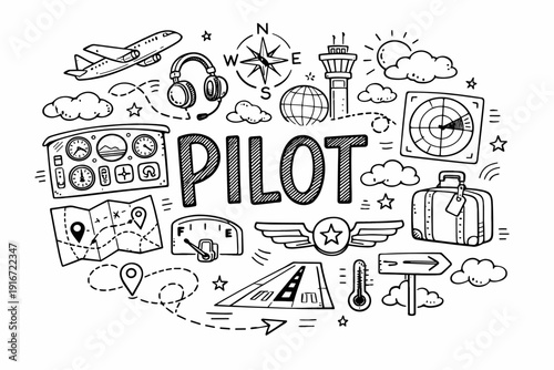 Hand-drawn aviation doodle collage with pilot text, airplane, cockpit instruments, navigation icons, compass, tower, luggage and flight symbols