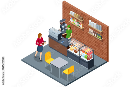 Isometric coffee shop scene with barista and customer at counter, espresso machine, dessert showcase and syrup shelf. Cafe service concept for takeaway beverage.