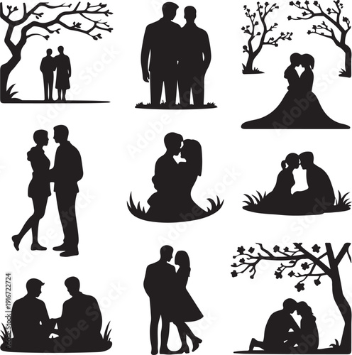 Black silhouettes of romantic couples kissing and hugging in various poses
