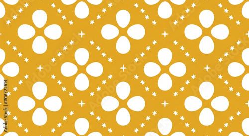 Yellow background with a repeating white floral pattern. Each flower has four rounded petals surrounded by small stars and plus signs, creating a lively, cheerful design.