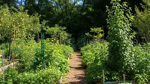 Lush green garden path lined with abundant vegetable plants and trees.