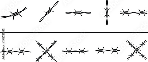 Barbed wire line icons set with crossed razor wire vector illustration collection