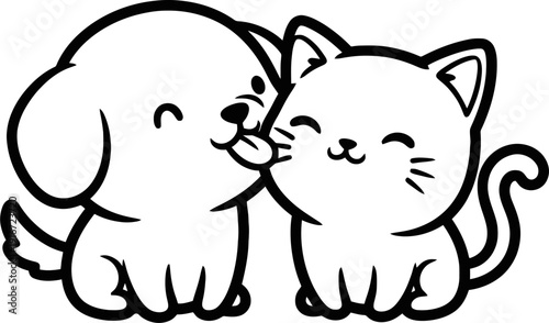 Cute cartoon dog licking cat line art illustration