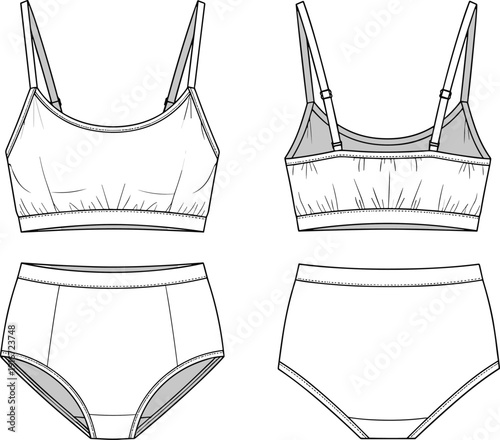 Women’s bralette and panties technical sketch, lingerie garment design illustration, fashion underwear artwork, clothing construction details, textile apparel drawing, pattern making design