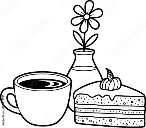 Coffee cup, cake slice, and flower vase doodle illustration