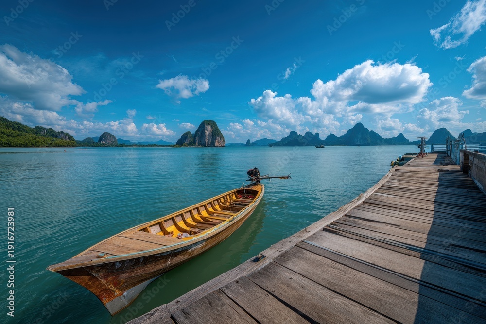 Fototapeta Vibrant photo of Traditional wooden longtail boat moored at a wooden pier in the turquoise sea with limestone islands in the background.