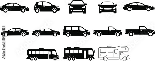 Car and transport vehicle silhouette icons set with bus truck camper vector illustration collection
