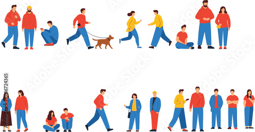 Flat design vector illustration of diverse people walking, running, sitting, walking dogs, and standing in trendy casual outfits on white