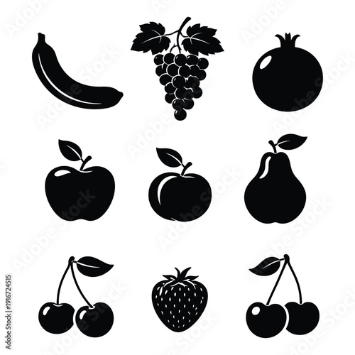 Wallpaper Mural Black silhouette of banana grapes pomegranate apple pear strawberry cherries de Torontodigital.ca