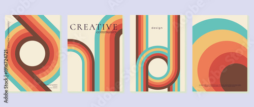 Abstract retro rainbow shapes vector wall art set with warm orange, red and teal geometric curves. Modern decorative print collection for posters, gallery walls and interior decor.