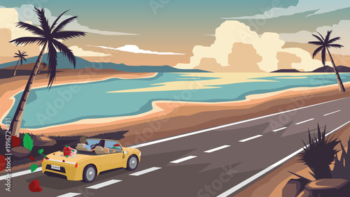 Landscape view of couple in a yellow convertible driving along a scenic coastal asphalt road at sunset. Featuring coconuts trees a tropical beach and a retro flat art style. For valentine's days.