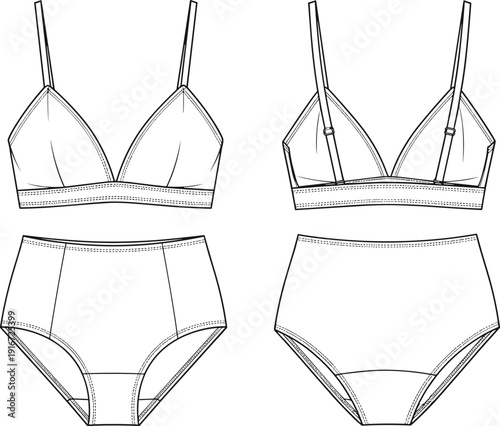 Women’s underwear fashion sketch, bra and panties technical drawing, garment design illustration, lingerie artwork, clothing construction details, textile pattern making design