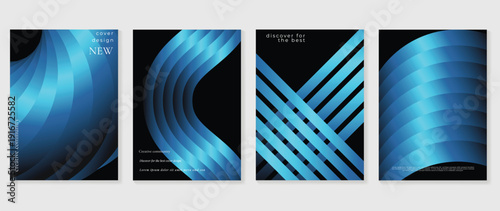 Blue gradient abstract curves vector wall art set with layered lines and dark navy background. Modern minimal poster collection for office, living room and gallery decor.