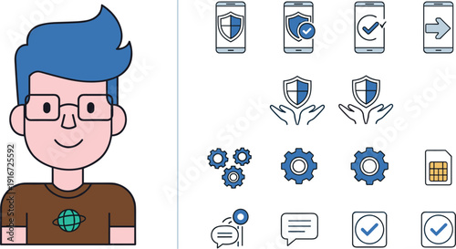 Cyber security avatar and mobile protection icons set with shield gear chat vector illustration collection