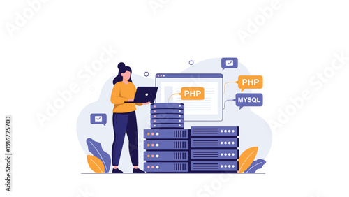 Female web developer works on a laptop next to high-performance servers with coding language bubbles for PHP and database icons.