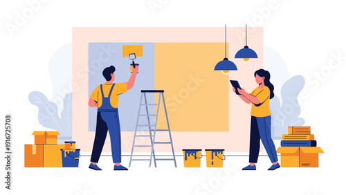 Team of home renovators work together to paint a wall and organize moving boxes while using a tablet for design and planning tasks.